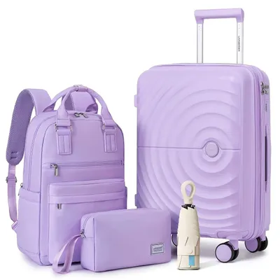 Immagine prodotto di Set da viaggio Larvender composto da 4 valigie rigide in PP, colore lavanda, con ruote a 360°, lucchetto numerico e maniglia telescopica