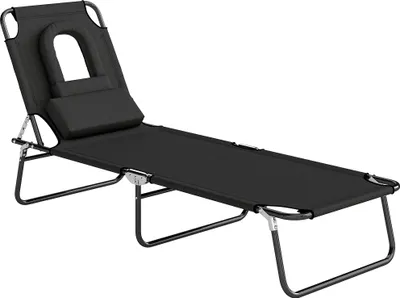 Produktbild von Sonnenliege mit Gesichtsloch & Kissen, klappbar, wasserabweisender Bezug, Metallrahmen, Schwarz