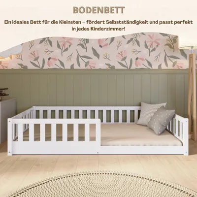 Produktbild von Crazy Pine Kinderbett 190x100 cm – Massives Montessori Bodenbett aus Holz in Weiß mit Rausfallschutz – Crazy Basic