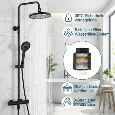 Produktbild von Homelody Schwarz Duschsystem mit Thermostat, Edelstahl Duscharmatur Set, Duschsäule Regendusche, inkl. verstellbar Duschstange Handbrause und 2 Filter