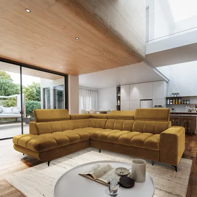Produktbild von Masseno Ecksofa MORIVA L-S mit Schlaffunktion L-Form, Sofa mit Bettkasten, Wohnzimmersofa, Couch, Soffa, Bettsofa, Couchgarnitur- Gelb, MONOLITH 48