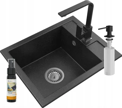 Produktbild von Granitan | Granitspüle - Küchenspüle - BEST - 1-Becken - mit Armatur - mit Siphon - Einbauspüle - Schwarz gesprenkelt - 50 x 40 cm
