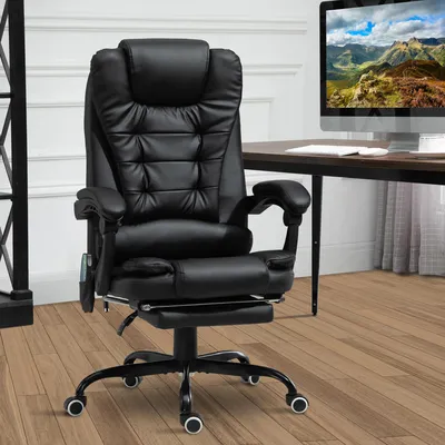 Produktbild von Bürostuhl mit 7-Punkt-Massage und Fußstütze, Schreibtischstuhl Chefsessel Kunstleder, Schwarz | 67x79x121 cm | 90–155° neigbar | 5 Massagemodi