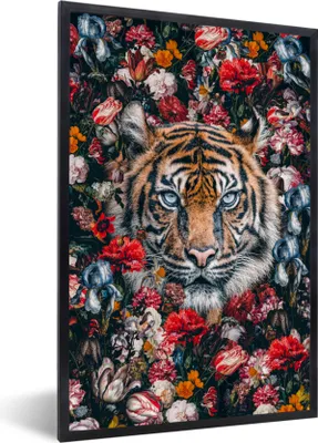 Produktbild von MuchoWow® MuchoWow® Gerahmtes Poster Tiger - Blumen - Malerei 40x60 cm - Poster mit zchwarzem Bilderrahmen - Papierdruck - Wandbilder