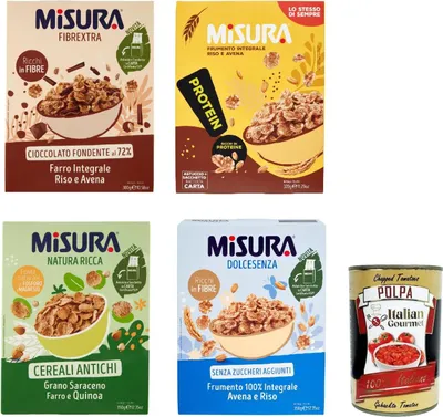 Produktbild von Misura Cereali Testpaket, Müsli Fibraextra, Protein, Natura Ricca, Dolcesenza, Vollkornschild, Reis und Vollkorn, 4x 300g + Italian Gourmet polpa 400g