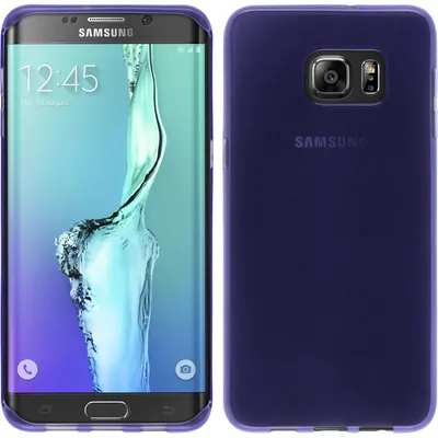 A split image showing the front and back of a Samsung Galaxy S6 Edge Plus phone with a purple case.