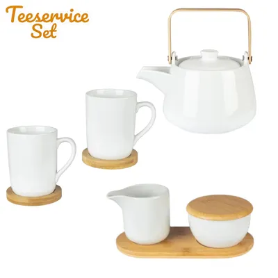 Produktbild von Teeservice Set , Teekanne mit Sieb + 2× Tassen + Zuckerdose & Milchkännchen .