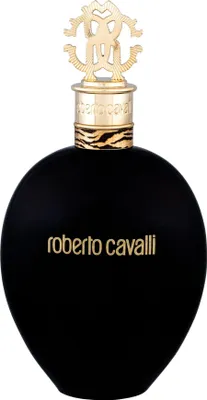 A black perfume bottle with gold accents and branding.