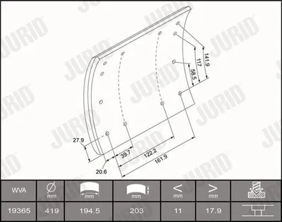 Produktbild von JURID Bremsbelagsatz Trommelbremse Bremsbackensatz 1936501070 18,7mm 203mm Schachtel 11,262kg