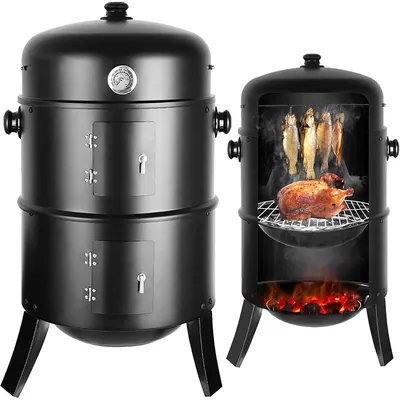 Image de Fumoir et barbecue au charbon de bois FS055, 3 en 1, ouvertures d'aération réglables, noir