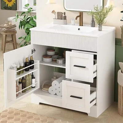 Image de Armoire de salle de bain, meuble sous vasque blanc avec vasque en céramique et tiroir, meuble de salle de bain avec vasque et rangement, dimensions : 81,5 x 47 x 85,5 cm