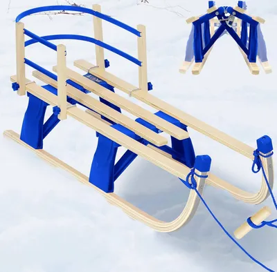Produktbild von EUGAD Davoser Schlitten faltbar, Holzschlitten 110 cm, Kinderschlitten mit Rückenlehne, Rodel mit Zugseil, Blau