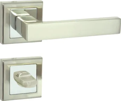 Produktbild von DOMINO Türgriff Drückergarnitur WC - Badezimmer Set | mit quadratische Rosette | für Badezimmertüren | Set WC - Rosetten-Garnitur | Türbeschläge aus Aluminium  | Chrom/Nickel |ENE QR M6/M9