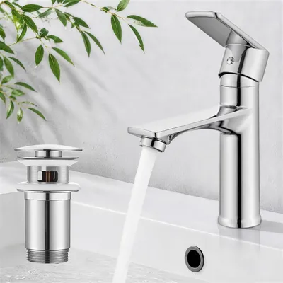 Zdjęcie produktu dla Bateria umywalkowa do łazienki z korkiem odpływowym, chromowana, jedno-uchwytowa, z ceramiczną głowicą, wykonana ze stali nierdzewnej 304