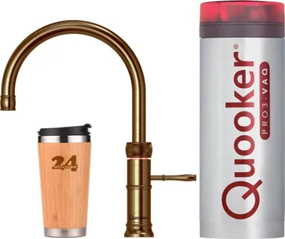 Produktbild von QUOOKER CLASSIC FUSION Round VAQ PRO3 Messing Patina & 100°C Armatur (3CFRPTN) Spültischmischer mit 100°C Kochendwasserfunktion Inkl. Thermobecher
