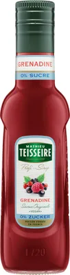 A bottle of Mathieu Teisseire Grenadine syrup with a label showing berries and text.