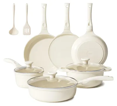 Obrázok produktu pre Keramická súprava hrncov pre indukčné varné dosky, 11-dielna, s sklenenými pokrievkami, bez PTFE, bez PFAS, vhodná pre všetky typy sporákov, vhodná do umývačky riadu, farba: béžová