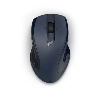 A top-down view of a dark blue wireless computer mouse on a white background.
