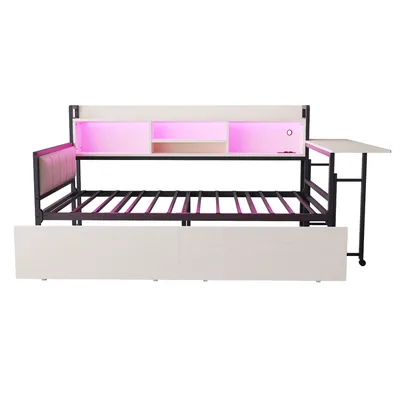 Produktbild von Flieks Schlafsofa Metallbett 90x200cm mit 2 Schubladen, Jugendbett Einzelbett mit Schreibtisch und Ladefunktion, Tagesbett mit Led, Weiß