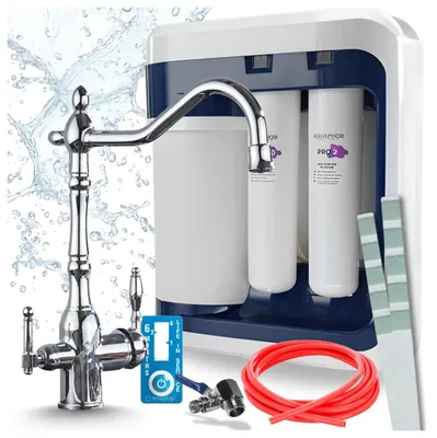 Productafbeelding van Aquaphor Ro-202S Pro omgekeerde osmose installatie met Ari Retro 2 drieweg kraan in chroom, 5 liter tank, waterfilter met pomp