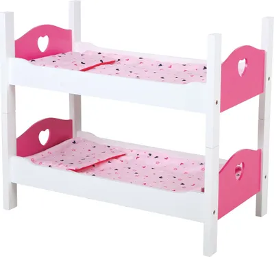 Produktbild von My Beautiful dollsroom Etagenbett für Puppen, Hochbett in Weiß Pink, Puppenmöbelstück, Spielset mit 2 Matratzen, 2 Kissen, 2 Decken, ca. 54x29x43 cm