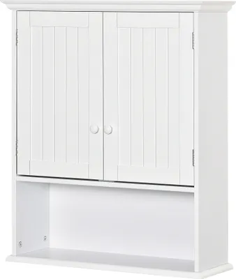 Produktbild von kleankin Wand-Badezimmerschrank mit 2 Türen, verstellbarem Innenregal und offenem Fach, Mehrzweck-Hängehilfsmöbel für die Küche, 60 x 20 x 70,5 cm, Weiß