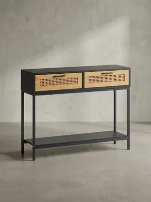 Produktbild von Konsolentisch Schwarz 100x30x75 cm Design Anrichte Flur, Ablagetisch Schmal mit Wiener Geflecht, Flurtisch mit Schubladen und Ablage, Dielentisch Lang Hoch Rattan