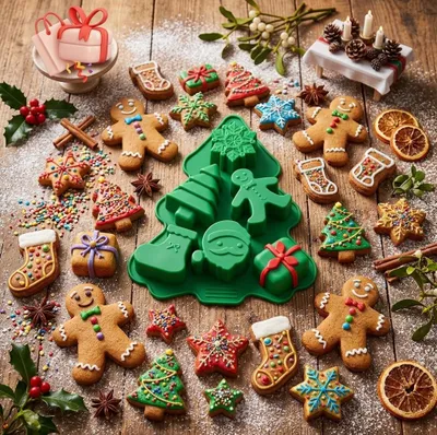 Produktbild von GKA XL 3D Silikon Backform Weihnachten Advent Tannenbaum Schneeflocke Weihnachtsmann Weihnachtsstrumpf Silikonbackform 23 cm Kuchenform Silikonform