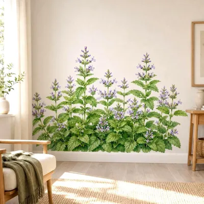 Image de Autocollant mural Decords – Mélisse avec fleurs, effet aquarelle, 220 cm