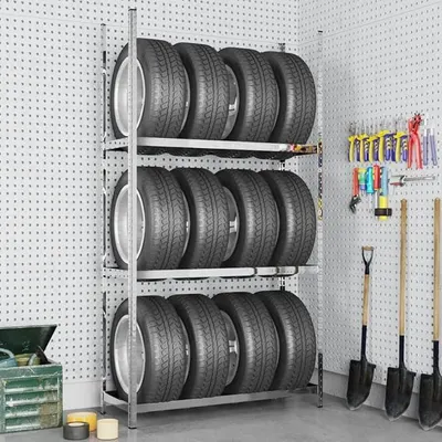 Produktbild von Reifenregal mit 3 Böden Reifenständer Schwerlastregal Werkstattregal Garagenregal Kellerregal Silbern Silbern 110x40x200 cm Stahl