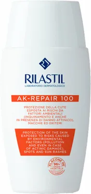 A product shot of a Rilastil AK-REPAIR 100 sunscreen bottle.