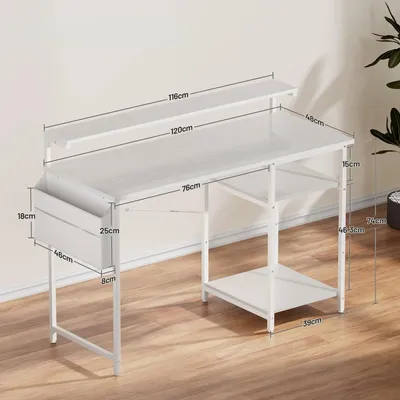 Image de Bureau - Bureau informatique 120x50 cm - Éclairage LED - Support pour écran - 2 étagères - Sac de rangement - Blanc