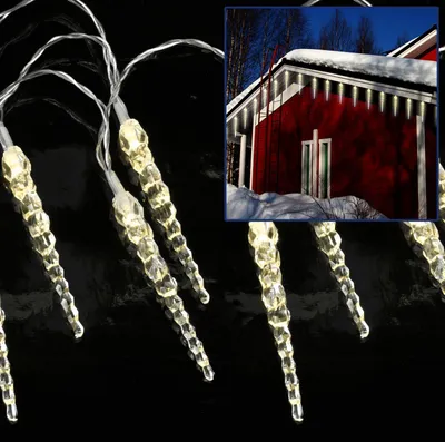 A collage showing a string of icicle-shaped LED lights against a black background and a separate inset image of the lights decorating the eaves of a red building in a snowy environment.