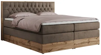 Produktbild von MKS MEBLE King Boxspringbett 180x200 mit Bettkasten Eiche, Polsterbett 180x200 mit Matratze H3, Bett 180x200 mit Kopfteil, Bett mit Holzrahmen in Wotan Eiche - Braun Velvet - Amore King