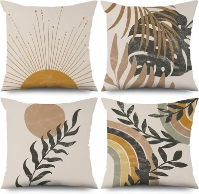 Produktbild von Boho Kissenbezug 40x40 cm 4er Set, Modern Abstrakt Kunst Blätter Sonne Beige Sofa Kissen Bezug Dekokissen Kissenbezüge Kissenhülle Waschbar Polyester Flachs Textil Outdoor Kopfkissenbezug