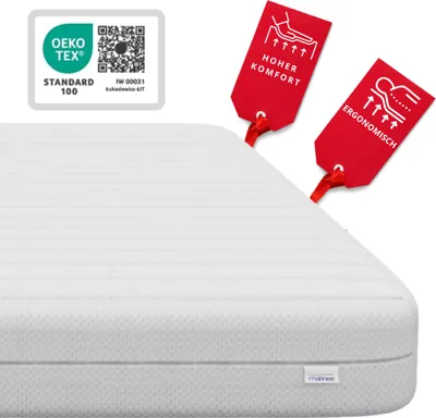 A white mattress is shown from a diagonal angle, with two red tags with white text and icons attached to the top right corner.