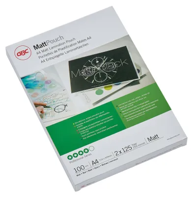 Produktbild von GBC Matte Laminiertaschen A4, 2x125 Micron (100), Matt, A4, 216 mm, 0,25 mm, 303 mm, 100 Stück(e)