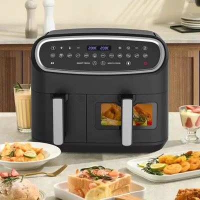 Produktbild von Heißluftfritteuse XXL Dual Zone 10L (6L+4L) – 2800W,Airfryer 12 Programme, LED-Display, Vorheizfunktion & Sichtfenster – Vielseitig und effizient