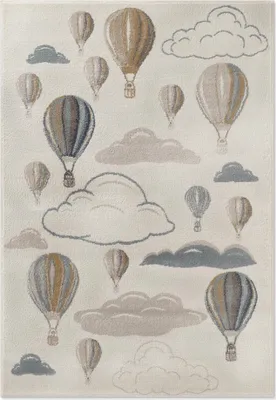 A rug with a pattern of hot air balloons and clouds.