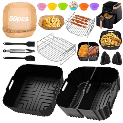 Image de Kit d'accessoires pour friteuse à air chaud, comprenant 20 pièces, compatible avec les marques Ninja, COSORI et Philips Airfryer, incluant un moule en silicone, une grille et des moules à muffins