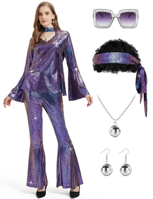 Produktbild von Disco-Kostüm Damen - 70er Jahre Outfit - Party Outfit - Halloween Kostüm - Psychodelischer Druck - 5 Größen S bis 2XL - Partyoutfit