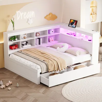 Produktbild von Massivholzsofa 140*200cm, mit extra großen Schubladen, mit USB-Steckdose und LED-Lichtleiste, mit Einlegeböden und Ablagefächern, viel Stauraum, multifunktionales Doppel-Holzbett, Weiß