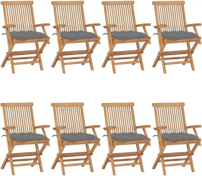 Produktbild von 8 Gartenstühle aus massivem Teakholz mit grauen Kissen – Gartenmöbel, Gartensitzmöbel, Grau, 63.3 kg