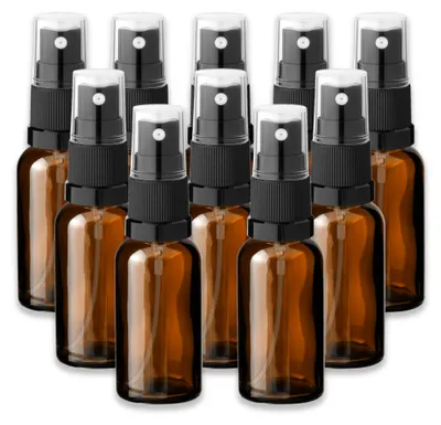 Produktbild von 10x Braune Glasflasche 30 ml mit schwarzem Zerstäuber Sprükopf Spray