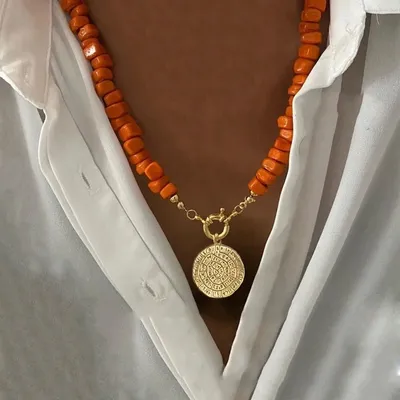Produktbild von ROUGEMONT Damen Boho Halskette Naturstein Halskette Orange -Gold