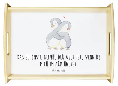 Produktbild von Mr. & Mrs. Panda Tablett Pinguine Kuscheln - Weiß - Geschenk, für Freundin, Valentinstag, Servier, Hochzeitstag, Frauen, Holztablett, Bett-Tablett, Mitbringsel, Deko