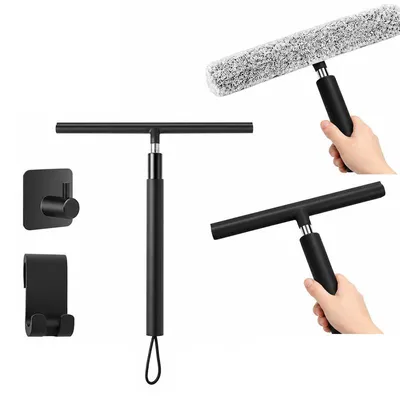 Produktbild von Duschabzieher mit Teleskopstiel 30–140 cm, Silikon Wasserabzieher für Dusche, Glas, Fliesen und Spiegel, rostfreier Aluminiumstiel, Schwarz