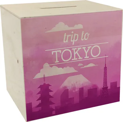 Produktbild von Spardose aus Holz mit schönem Motiv und Text - Trip to Tokyo in pink