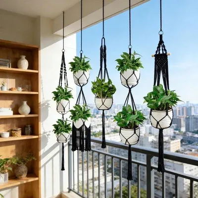 Produktbild von Set mit 6 beigen Makramee-Aufhängekörben – Baumwollseil-Pflanzgefäße – Dekorative Aufhängekörbe für Innenbereich, Außenbereich, Garten, Balkon, Wohnzimmer