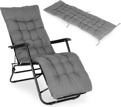A gray padded mattress for a garden lounger is shown, with the mattress itself laid out and a lounger with the mattress attached.